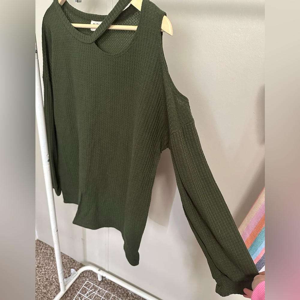 Dark Green Waffleknit Longsleeve Cold Shoulder Lightweight Top size large